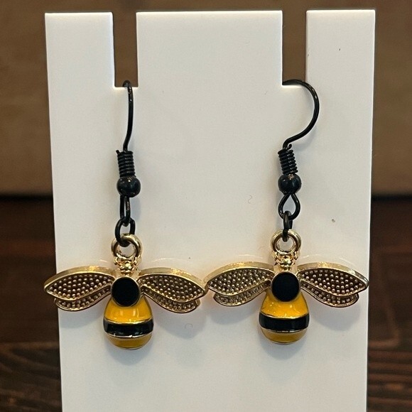 Handmade Gold Tone Enameled Bumblebee Dangle Earrings with Black Hardware NEW - Picture 1 of 1